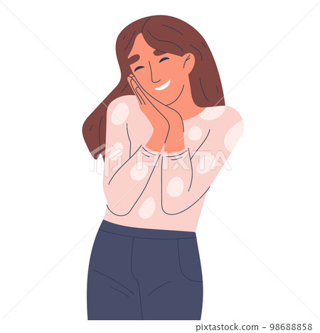 Woman with tender emotion. Cute girl showing tenderness emotions, smiling female character positive body language flat vector illustration on white background 98688858