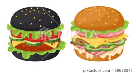 Cartoon hamburgers. Classic and black burgers, American cheeseburger and bacon burger with vegetables, cheese, beef, bacon and sauce, tasty fast food flat vector illustration set Cartoon hamburgers. Classic and black burgers, American cheeseburger and bacon burger with vegetables, cheese, beef, bacon and sauce, tasty fast food flat vector illustration set 98688875