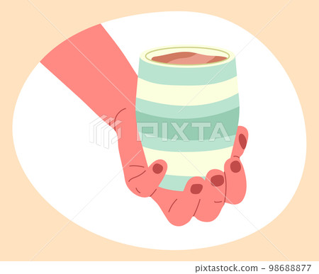 Cartoon hot coffee drink. Cappuccino cup in hand, hand holding cup of hot cocoa or coffee isolated flat vector illustration on white background 98688877