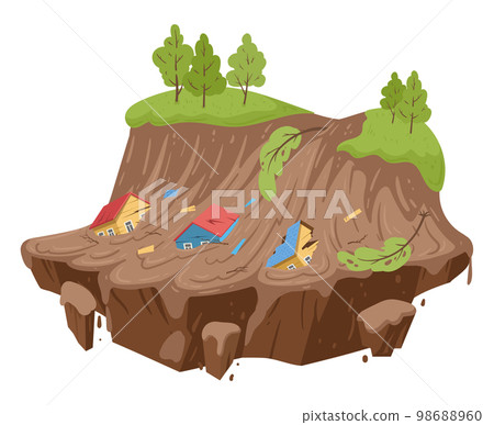 Cartoon mudflow, natural disaster. Landslide, mud stream with stones, washed away houses, mudflows extreme cataclysm disaster flat vector illustration on white background Cartoon mudflow, natural disaster. Landslide, mud stream with stones, washed away houses, mudflows extreme cataclysm disaster flat vector illustration on white background 98688960