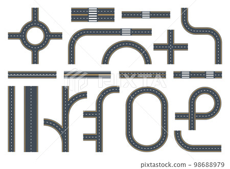 City markings roads and crossroads. Asphalt roads, highway street road, twists and traffic circles, highway city map flat vector illustration set. Highways roads marking 98688979