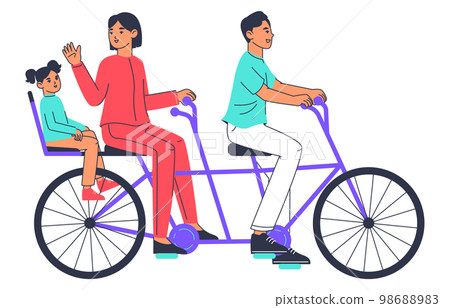 Family riding bicycle. Characters on tandem bike, mom, dad and kid active bike riding, eco friendly transportation flat vector illustration on white background 98688983