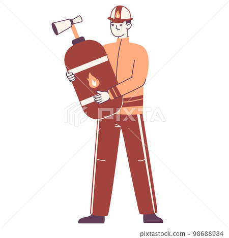 Fireman carrying huge fire extinguisher. Emergency service worker wearing hard hat and professional uniform flat vector illustration on white background 98688984