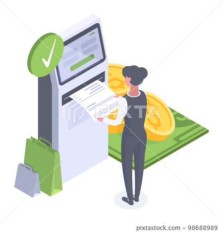 Isometric cash terminal and mobile purchase. Woman using ATM, internet banking payment flat vector illustration on white background 98688989