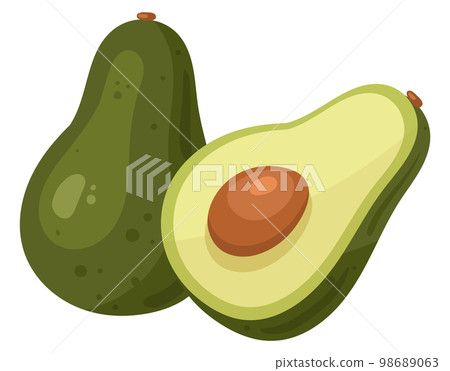 Cartoon avocado fruit. Fresh raw tasty avocado, whole fruit and half flat vector illustration on white background 98689063
