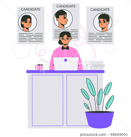 Headhunting agency recruitment process. HR manager selects job vacancy candidates, job seekers resume flat vector illustration on white background 98689091