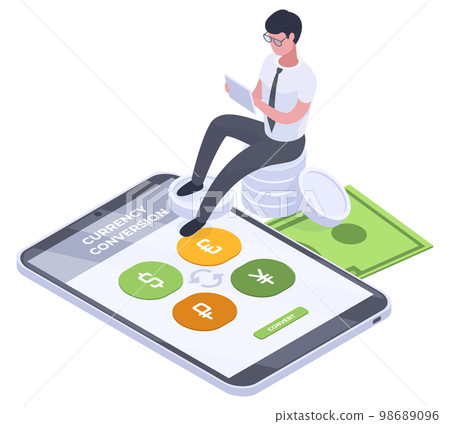Isometric currency conversion service. Man changes currency, online money transactions 3D vector illustration on white background Isometric currency conversion service. Man changes currency, online money transactions 3D vector illustration on white background 98689096