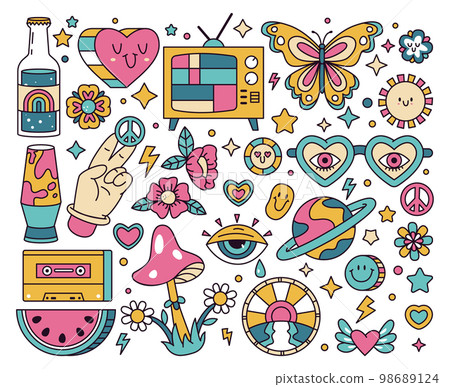 Retro hippie stickers. Groovy doodle flower, rainbow and mushroom, psychedelic hippie badges flat cartoon vector illustration set on white background 98689124