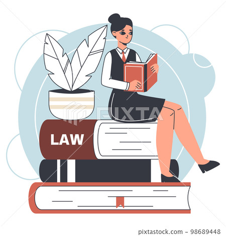 Legal service female worker. Law firm litigation support and consultation, law and judgment research flat vector illustration on white background 98689448
