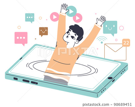 Male addicted to smartphone, drowning in mobile phone screen. Gadgets, social media addiction, man smartphone or tablet addiction linear flat vector illustration on white background 98689451