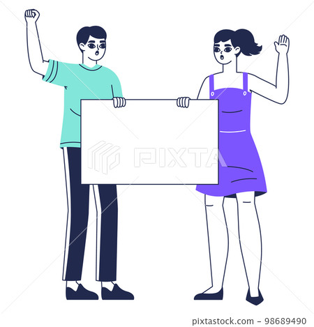 Peaceful protest and manifestation, protesting couple. People holding empty placard, political or eco activists protest flat isolated flat vector illustration on white background 98689490