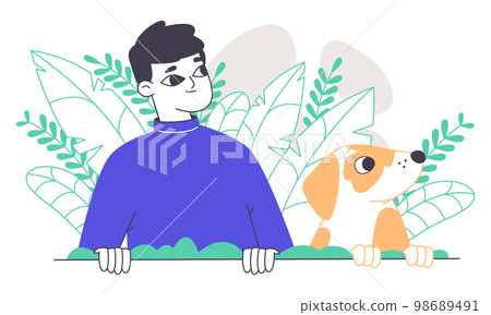 Peeping and curious guy with cute dog, spying, searching man. Searching observing man secretly looking out from bushes flat vector illustration on white background Peeping and curious guy with cute dog, spying, searching man. Searching observing man secretly looking out from bushes flat vector illustration on white background 98689491