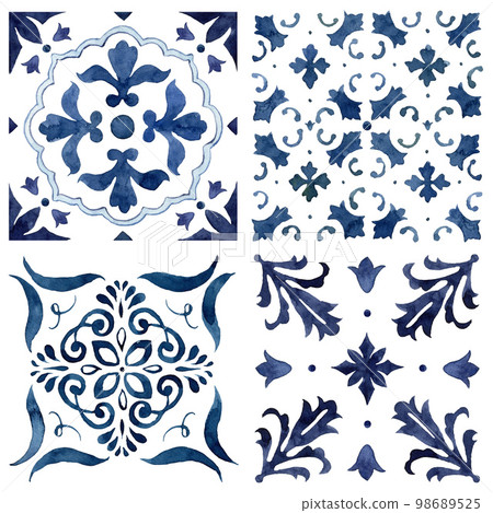 Watercolor Mediterranean tiles set of blue elements. Hand painted traditional illustration isolation on white background for design, print, fabric or background. 98689525