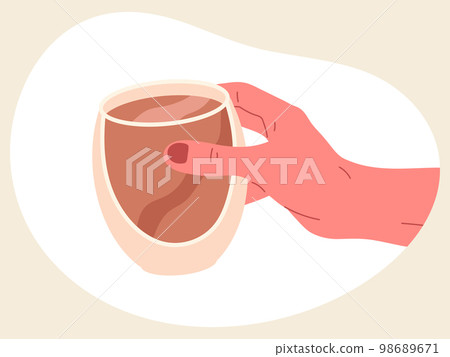 Cartoon coffee cup, hand holding hot cocoa mug. Hot beverage, coffee cup in hand isolated flat vector illustration on white background 98689671