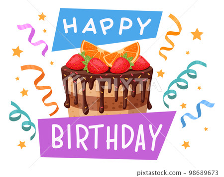 Cartoon festive elements, happy birthday party badges. Carnival HB party design, birthday gifts, balloons and candles labels flat vector illustration on white background Cartoon festive elements, happy birthday party badges. Carnival HB party design, birthday gifts, balloons and candles labels flat vector illustration on white background 98689673