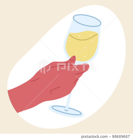 Champagne glass in hand, wine glass of sparkling wine. Female hand holding wine glass isolated flat vector illustration on white background Champagne glass in hand, wine glass of sparkling wine. Female hand holding wine glass isolated flat vector illustration on white background 98689687