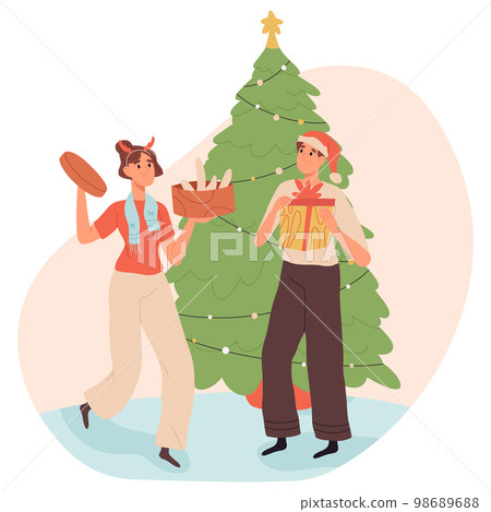 Christmas eve characters, people celebrating winter holidays. Family festive preparation, decorating xmas tree flat vector illustration on white background 98689688