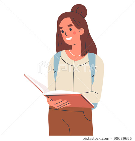 College or high school female student. Young woman holding educational literature, young school student isolated flat vector illustration on white background College or high school female student. Young woman holding educational literature, young school student isolated flat vector illustration on white background 98689696