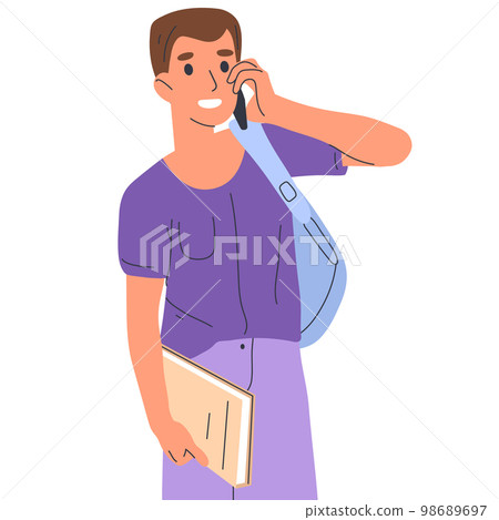 College student talking on mobile phone, young man with smartphone. Cheerful guy with book and backpack, teenager social conversation isolated flat vector illustration on white background College student talking on mobile phone, young man with smartphone. Cheerful guy with book and backpack, teenager social conversation isolated flat vector illustration on white background 98689697