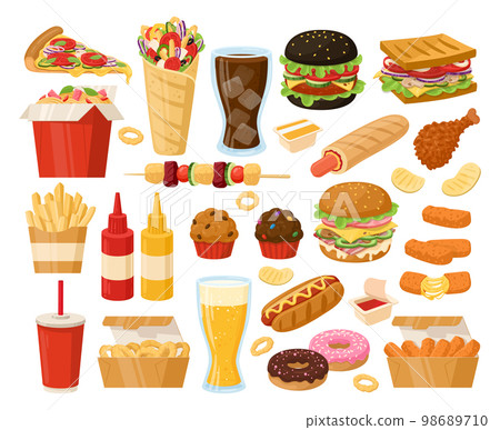 Cartoon junk fast food, pizza, shawarma, hamburger and french fries. Takeaway restaurant food, fried chicken, hot dog and waffles flat vector illustration collection. Junk snacks and drinks set 98689710
