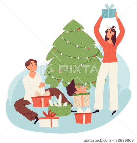 Cartoon Christmas eve, winter holiday celebration people. Xmas party festive preparation and winter activities isolated flat cartoon vector illustration on white background Cartoon Christmas eve, winter holiday celebration people. Xmas party festive preparation and winter activities isolated flat cartoon vector illustration on white background 98689802