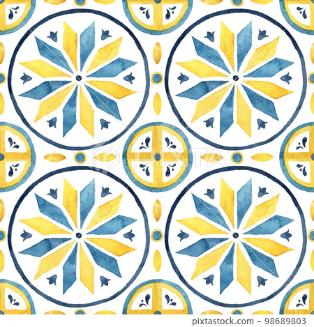 Watercolor abstract seamless pattern consisting of yellow and blue Mediterranean tiles and elements. Hand painted traditional illustration isolation on white background for design, print, background. Watercolor abstract seamless pattern consisting of yellow and blue Mediterranean tiles and elements. Hand painted traditional illustration isolation on white background for design, print, background. 98689803