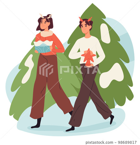Christmas eve, winter holiday celebration. Flat xmas party festive preparation and winter activities flat cartoon vector illustration on white background Christmas eve, winter holiday celebration. Flat xmas party festive preparation and winter activities flat cartoon vector illustration on white background 98689817