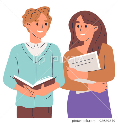 College students reading books, people with books. High school students holding educational literature, young couple studying isolated flat vector illustration on white background College students reading books, people with books. High school students holding educational literature, young couple studying isolated flat vector illustration on white background 98689819