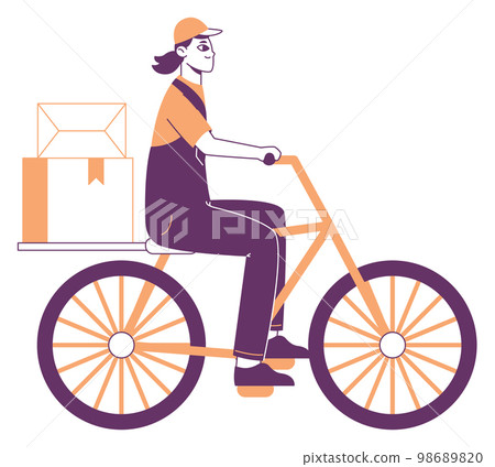 Courier driving bike, delivery service worker. Delivery worker, courier characters receiving parcels isolated flat vector illustration on white background Courier driving bike, delivery service worker. Delivery worker, courier characters receiving parcels isolated flat vector illustration on white background 98689820