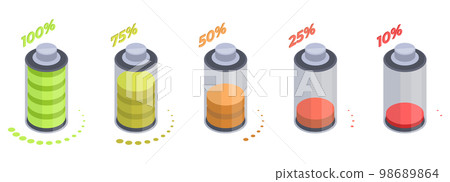 Isometric 3D battery charging stages. Accumulator charging process with colorful indicators 3d isolated flat vector illustration on white background Isometric 3D battery charging stages. Accumulator charging process with colorful indicators 3d isolated flat vector illustration on white background 98689864