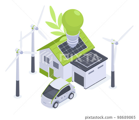 Isometric alternative energy, house with wind and solar energy. Renewable energy residential building and electro car, solar battery panels 3d flat vector illustration on white background Isometric alternative energy, house with wind and solar energy. Renewable energy residential building and electro car, solar battery panels 3d flat vector illustration on white background 98689865