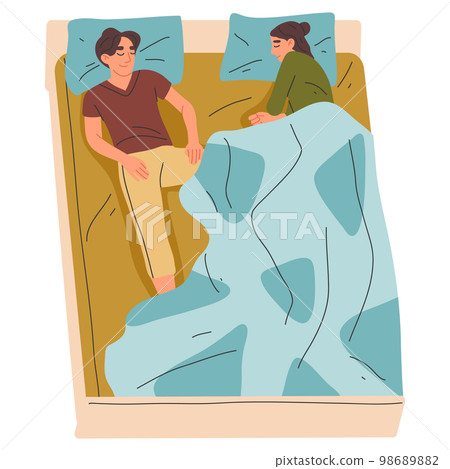 People sleeping in bed, resting characters. Tired couple resting in bed under blankets isolated flat vector illustration on white background People sleeping in bed, resting characters. Tired couple resting in bed under blankets isolated flat vector illustration on white background 98689882