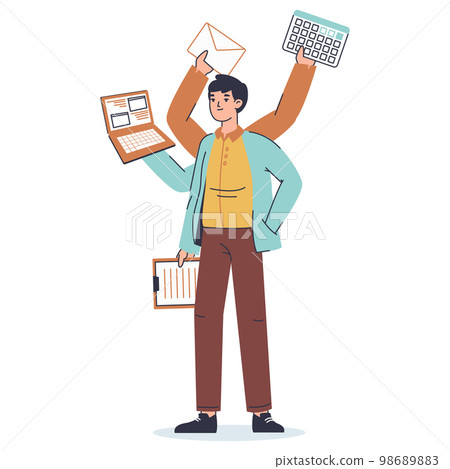 Productive multitasking businessman. Busy office worker with many hands flat vector illustration on white background. Multitasking employee Productive multitasking businessman. Busy office worker with many hands flat vector illustration on white background. Multitasking employee 98689883