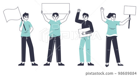 Protesting activists holding placards, peaceful protesters. Political rally, manifestation or protest, activists group isolated flat vector illustration on white background Protesting activists holding placards, peaceful protesters. Political rally, manifestation or protest, activists group isolated flat vector illustration on white background 98689884