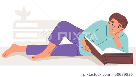 Reading man, literature lover with book in hands. Male character reading book in comfy position isolated flat vector illustration on white background 98689886