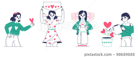 Romantic girls in love sharing and giving hearts. Woman sharing love, valentines day love messages isolated flat vector illustrations on white background 98689888