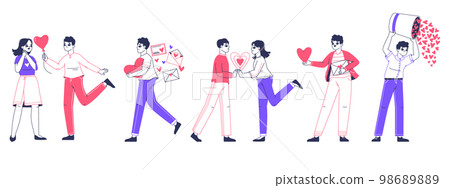 Romantic people in love sharing and giving hearts. Love sharing, valentines day love letters, men and women giving hearts isolated flat vector illustrations on white background 98689889