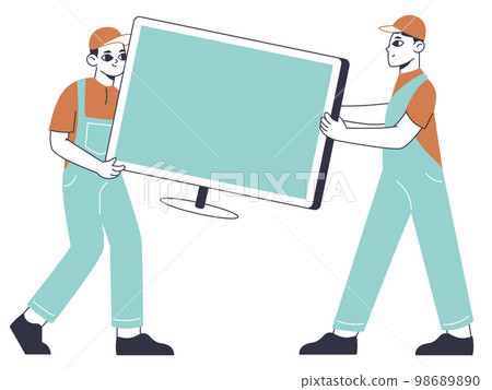Shipment service couriers, cargo delivery service workers. Couriers characters carrying tv, house moving service isolated flat vector illustration on white background Shipment service couriers, cargo delivery service workers. Couriers characters carrying tv, house moving service isolated flat vector illustration on white background 98689890