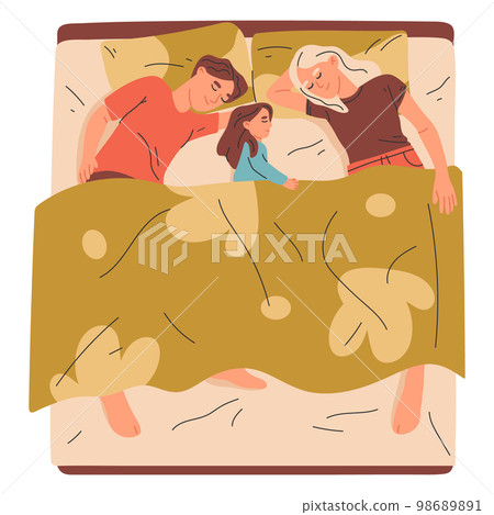 Sleeping family lying in bed under blankets asleep characters. Couple with children resting in bed isolated flat vector illustration on white background Sleeping family lying in bed under blankets asleep characters. Couple with children resting in bed isolated flat vector illustration on white background 98689891
