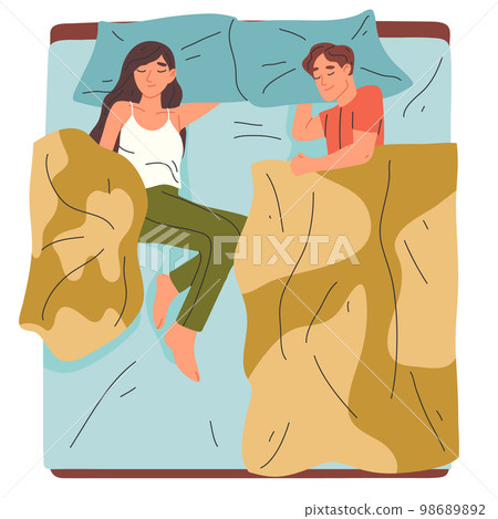 Sleeping people lying in bed, tired asleep characters. Couple resting in bed isolated flat vector illustration on white background Sleeping people lying in bed, tired asleep characters. Couple resting in bed isolated flat vector illustration on white background 98689892