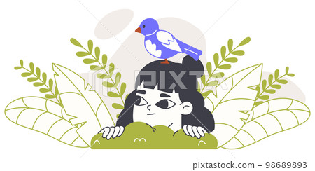 Spying cute girl, peeping curious child with bird. Girl looking out from bushes, searching female character isolated flat vector illustration on white background Spying cute girl, peeping curious child with bird. Girl looking out from bushes, searching female character isolated flat vector illustration on white background 98689893