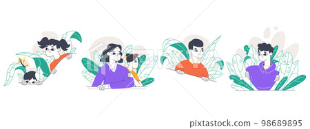 Spying, peeping people, curious searching characters. Men and women secretly looking out from bushes, searching observing people isolated flat vector illustration on white background Spying, peeping people, curious searching characters. Men and women secretly looking out from bushes, searching observing people isolated flat vector illustration on white background 98689895