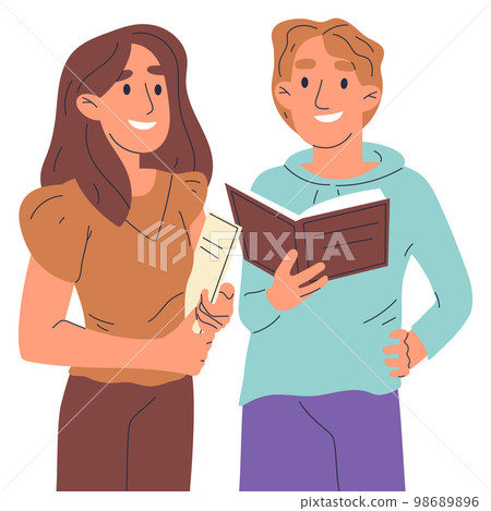 Students reading books, high school or college students with books. People holding educational literature, young couple reading isolated flat vector illustration on white background Students reading books, high school or college students with books. People holding educational literature, young couple reading isolated flat vector illustration on white background 98689896