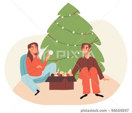 Winter holiday celebration, Christmas eve people. Xmas party festive preparation and winter activities cartoon isolated flat vector illustration on white background 98689897