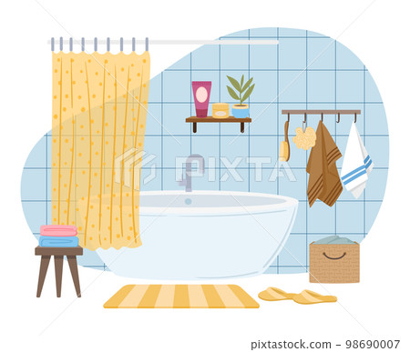 Cartoon bathroom interior, modern furniture, bath tub, potted plants and rug. Cozy washroom interior, foamy bathtub and towels vector illustration. Scandinavian bathroom interior 98690007