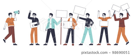 Peaceful protest, men holding empty placards. Protesting male activists, people rights and equality protest, manifestation activist group flat vector illustrations. Male strike concept Peaceful protest, men holding empty placards. Protesting male activists, people rights and equality protest, manifestation activist group flat vector illustrations. Male strike concept 98690051