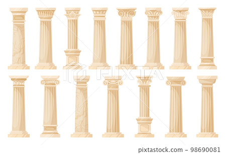Cartoon temple ancient columns, greek cartoon pillars. Corinthian, ionic and doric ornaments, antique colonnade decoration flat vector illustration collection. Ancient greek columns set Cartoon temple ancient columns, greek cartoon pillars. Corinthian, ionic and doric ornaments, antique colonnade decoration flat vector illustration collection. Ancient greek columns set 98690081