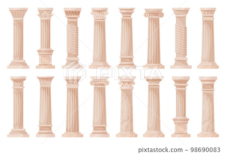 Roman pillars, cartoon antique architecture columns. Ancient greek ionic and doric ornamented pillars flat vector illustration collection. Greek classic column set Roman pillars, cartoon antique architecture columns. Ancient greek ionic and doric ornamented pillars flat vector illustration collection. Greek classic column set 98690083