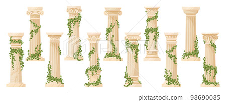 Cartoon ancient ivy-covered greek column. Ancient roman pillars with climbing ivy branches flat vector illustration set. Antique foliage decorated columns collection Cartoon ancient ivy-covered greek column. Ancient roman pillars with climbing ivy branches flat vector illustration set. Antique foliage decorated columns collection 98690085