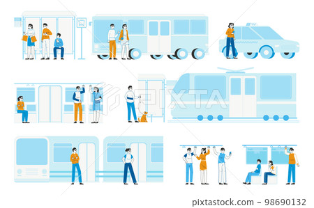 Bus stop, taxi, tram busy public transport passengers. People travel on urban city transport, metro train and car sharing passenger flat vector illustration set. City transportation infrastructure Bus stop, taxi, tram busy public transport passengers. People travel on urban city transport, metro train and car sharing passenger flat vector illustration set. City transportation infrastructure 98690132